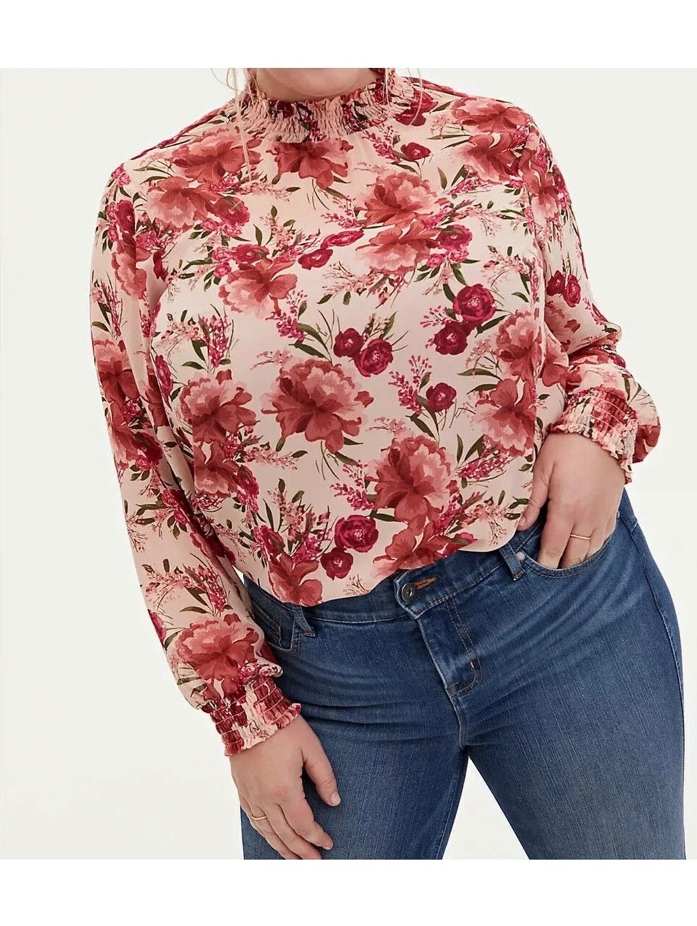 Torrid Chiffon Mock Neck Blouse Womens Size 3 3X Pink Floral Smocked Long Sleeve